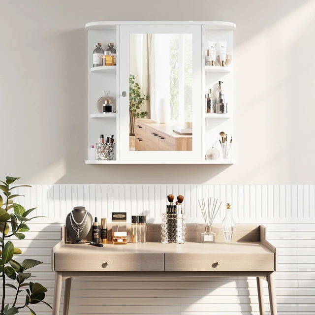 Alt view image 4 of 4 - Bathroom Medicine Cabinet with Mirror, Wall Mounted, White | Mirrored Door Over the Toilet Storage, with 4 Internal and 6 Open Shelves, Storage Organizer Cupboard, Easy to Assemble