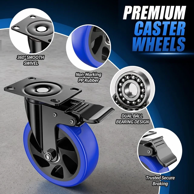 Alt view image 4 of 7 - 6 Inch Caster Wheels, Heavy Duty Swivel Casters Set of 4 with Brake | Polyurethane Wheels, No Noise Dual Lock Industrial Plate Casters for Furniture, Workbench, Cart(Include Free Hardware Kits)