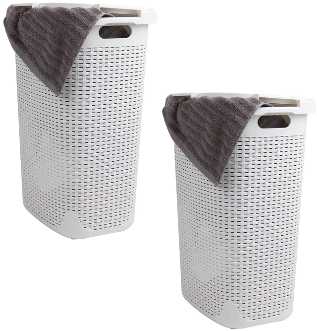 Main image of Slim Laundry Hamper with Lid, 60L Tall Clothes Basket, Narrow Tapered Design for Bathrooms, Closets and Laundry Rooms, Plastic, 2 Pack, White