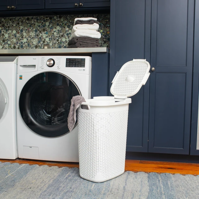 Alt view image 2 of 7 - Slim Laundry Hamper with Lid, 60L Tall Clothes Basket, Narrow Tapered Design for Bathrooms, Closets and Laundry Rooms, Plastic, 2 Pack, White