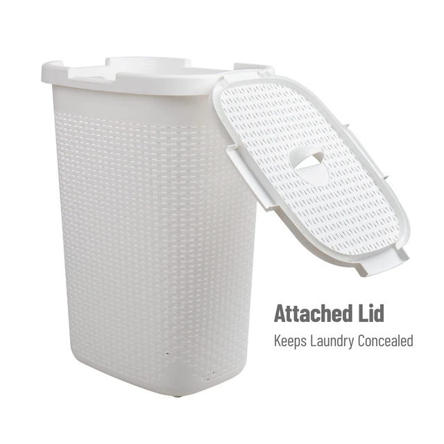 Alt view image 5 of 7 - Slim Laundry Hamper with Lid, 60L Tall Clothes Basket, Narrow Tapered Design for Bathrooms, Closets and Laundry Rooms, Plastic, 2 Pack, White