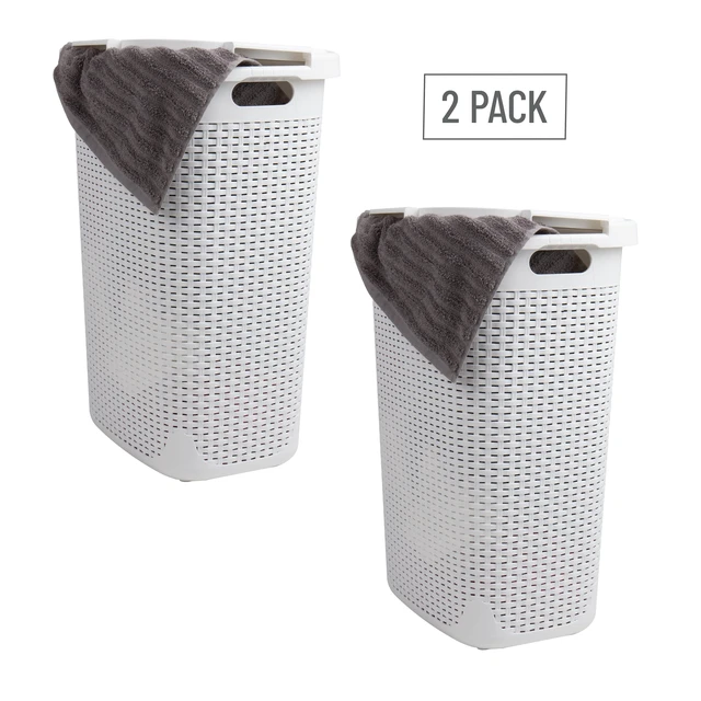 Alt view image 7 of 7 - Slim Laundry Hamper with Lid, 60L Tall Clothes Basket, Narrow Tapered Design for Bathrooms, Closets and Laundry Rooms, Plastic, 2 Pack, White