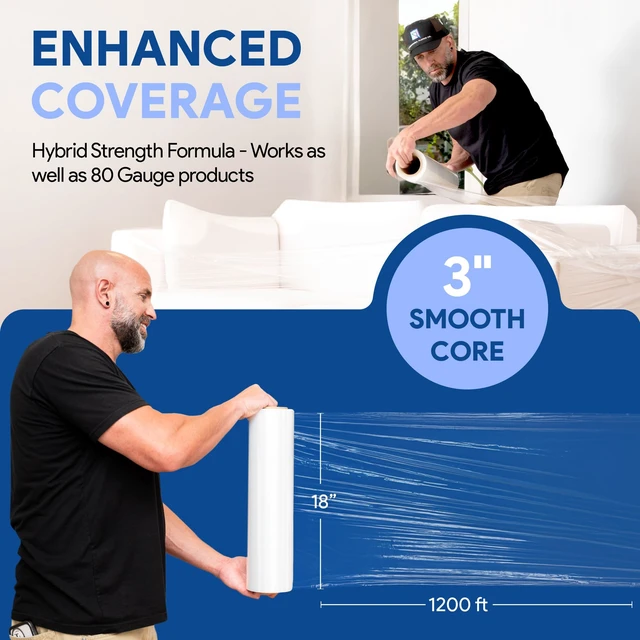 Alt view image 5 of 7 - 4 Pack of 18'' Stretch Wrap for Moving | Heavy Duty Plastic Film, Furniture Pallet Packing, Clear, 1200 feet Each, 500% Stretch