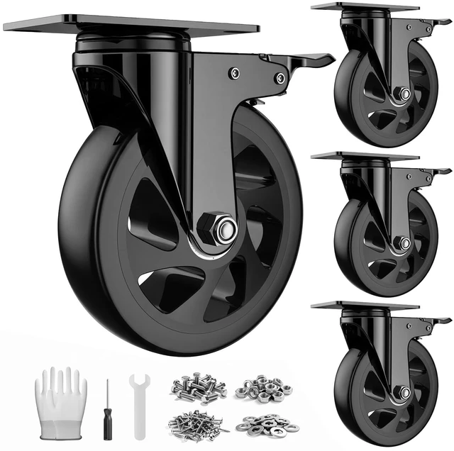 Main image of 6 Inch Caster Wheels, Heavy Duty Swivel Casters Set of 4 with Brake | Polyurethane Wheels, No Noise Dual Lock Industrial Plate Casters for Furniture, Workbench, Cart(Include Free Hardware Kits)