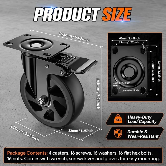 Alt view image 2 of 7 - 6 Inch Caster Wheels, Heavy Duty Swivel Casters Set of 4 with Brake | Polyurethane Wheels, No Noise Dual Lock Industrial Plate Casters for Furniture, Workbench, Cart(Include Free Hardware Kits)