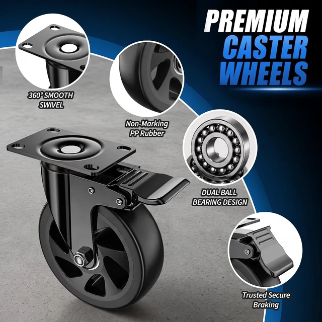Alt view image 4 of 7 - 6 Inch Caster Wheels, Heavy Duty Swivel Casters Set of 4 with Brake | Polyurethane Wheels, No Noise Dual Lock Industrial Plate Casters for Furniture, Workbench, Cart(Include Free Hardware Kits)