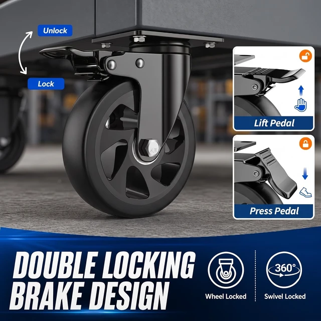 Alt view image 3 of 7 - 6 Inch Caster Wheels, Heavy Duty Swivel Casters Set of 4 with Brake | Polyurethane Wheels, No Noise Dual Lock Industrial Plate Casters for Furniture, Workbench, Cart(Include Free Hardware Kits)