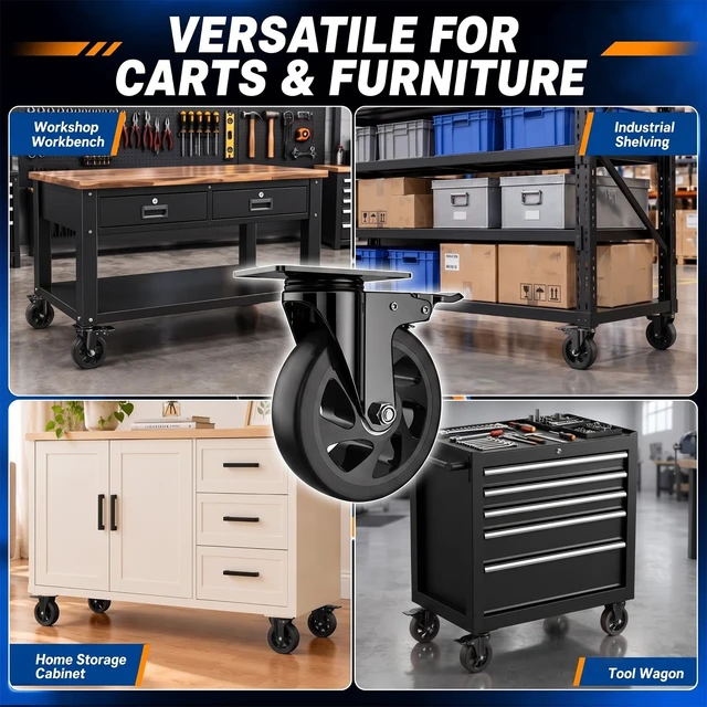 Alt view image 6 of 7 - 6 Inch Caster Wheels, Heavy Duty Swivel Casters Set of 4 with Brake | Polyurethane Wheels, No Noise Dual Lock Industrial Plate Casters for Furniture, Workbench, Cart(Include Free Hardware Kits)