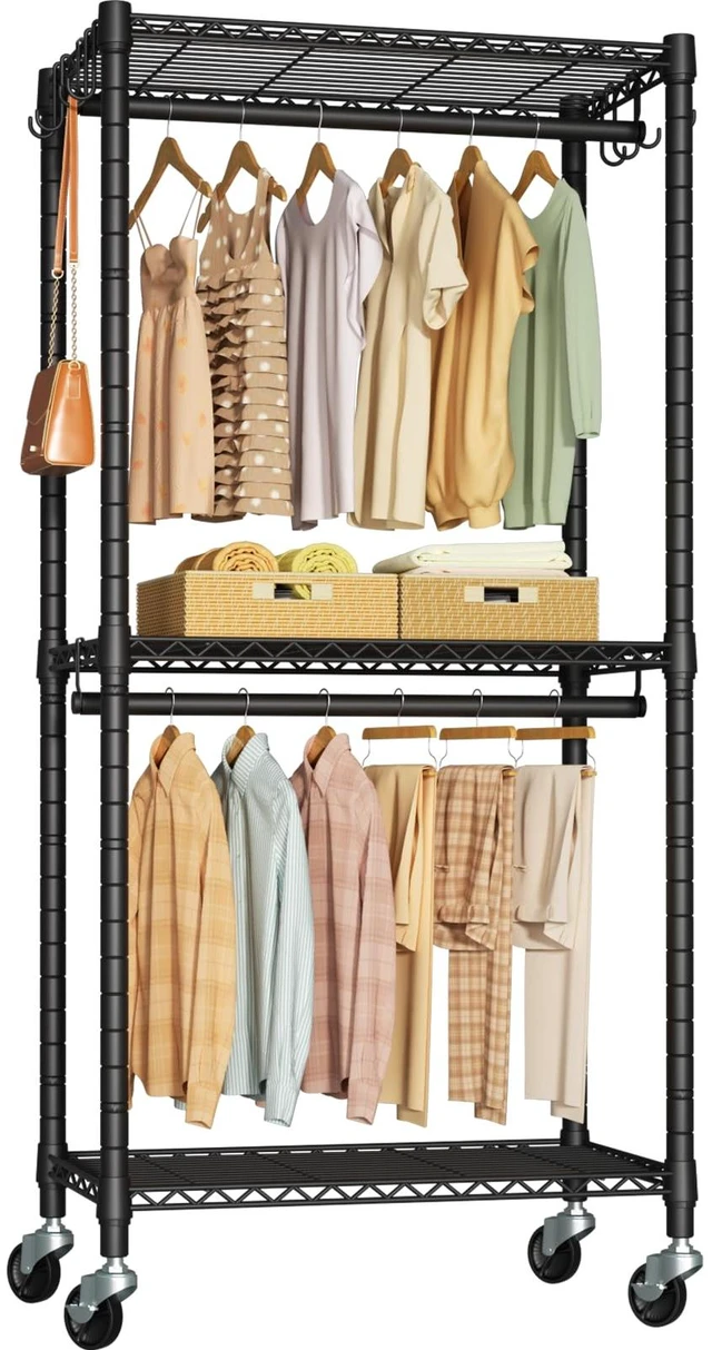 Main image of Rolling Clothes Rack, Clothing Racks for Hanging Clothes, Black | P3 Mini Heavy Duty Garment Rack with Wheels, Freestanding Portable Closet Racks 23.6'' W x 14'' D x 78.5'' H, Max Load 430Lbs