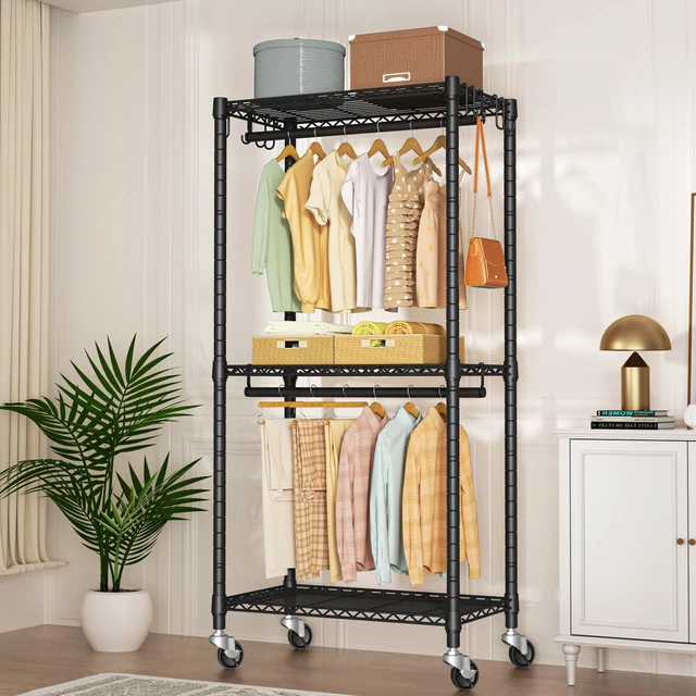 Alt view image 2 of 7 - Rolling Clothes Rack, Clothing Racks for Hanging Clothes, Black | P3 Mini Heavy Duty Garment Rack with Wheels, Freestanding Portable Closet Racks 23.6'' W x 14'' D x 78.5'' H, Max Load 430Lbs