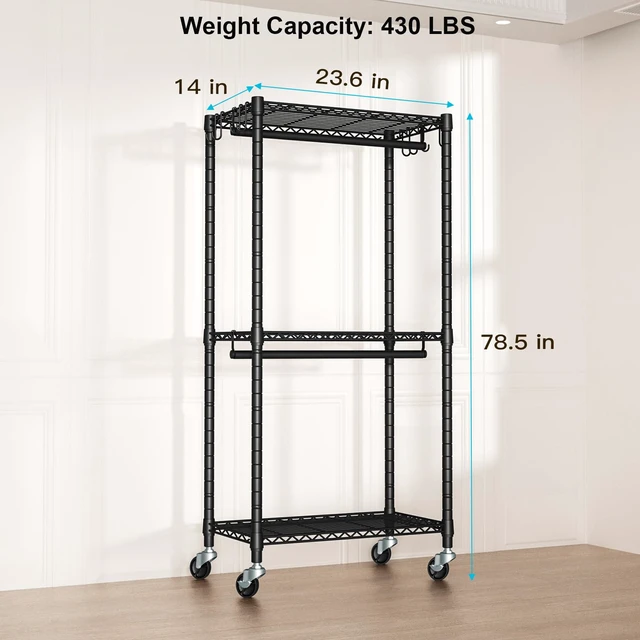 Alt view image 5 of 7 - Rolling Clothes Rack, Clothing Racks for Hanging Clothes, Black | P3 Mini Heavy Duty Garment Rack with Wheels, Freestanding Portable Closet Racks 23.6'' W x 14'' D x 78.5'' H, Max Load 430Lbs