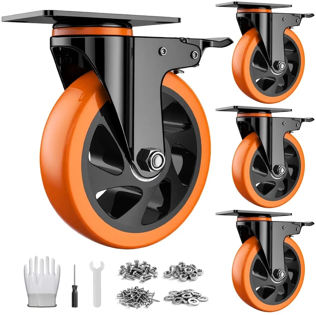 Main image of 6 Inch Caster Wheels, Heavy Duty Swivel Casters Set of 4 with Brake | Polyurethane Wheels, No Noise Dual Lock Industrial Plate Casters for Furniture, Workbench, Cart(Include Free Hardware Kits)