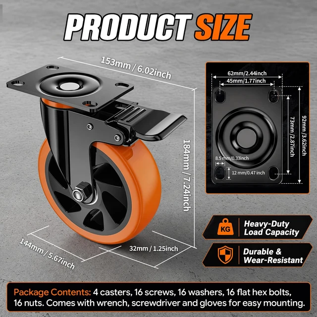 Alt view image 2 of 7 - 6 Inch Caster Wheels, Heavy Duty Swivel Casters Set of 4 with Brake | Polyurethane Wheels, No Noise Dual Lock Industrial Plate Casters for Furniture, Workbench, Cart(Include Free Hardware Kits)