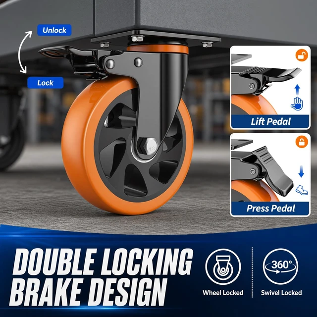 Alt view image 3 of 7 - 6 Inch Caster Wheels, Heavy Duty Swivel Casters Set of 4 with Brake | Polyurethane Wheels, No Noise Dual Lock Industrial Plate Casters for Furniture, Workbench, Cart(Include Free Hardware Kits)