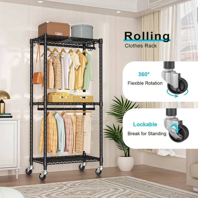 Alt view image 4 of 7 - Rolling Clothes Rack, Clothing Racks for Hanging Clothes, Black | P3 Mini Heavy Duty Garment Rack with Wheels, Freestanding Portable Closet Racks 23.6'' W x 14'' D x 78.5'' H, Max Load 430Lbs