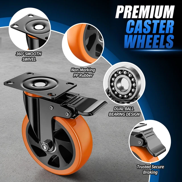Alt view image 4 of 7 - 6 Inch Caster Wheels, Heavy Duty Swivel Casters Set of 4 with Brake | Polyurethane Wheels, No Noise Dual Lock Industrial Plate Casters for Furniture, Workbench, Cart(Include Free Hardware Kits)