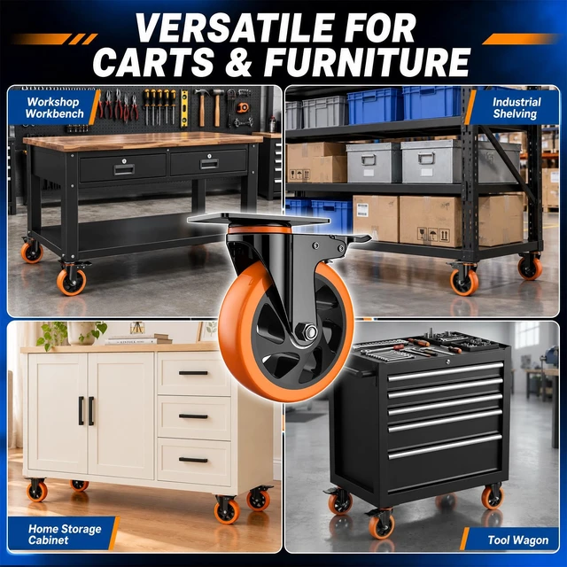 Alt view image 6 of 7 - 6 Inch Caster Wheels, Heavy Duty Swivel Casters Set of 4 with Brake | Polyurethane Wheels, No Noise Dual Lock Industrial Plate Casters for Furniture, Workbench, Cart(Include Free Hardware Kits)