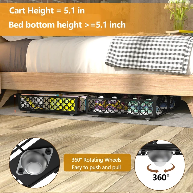 Alt view image 3 of 7 - Under Bed Storage with Wheels, Low Profile Rolling Organizer Bins | Ultra-low 5.4" Height, 360° Swivel Casters, Strong Metal Containers Hold Shoes, Clothing, Toys, Dorm & Home Use, 2 Pack