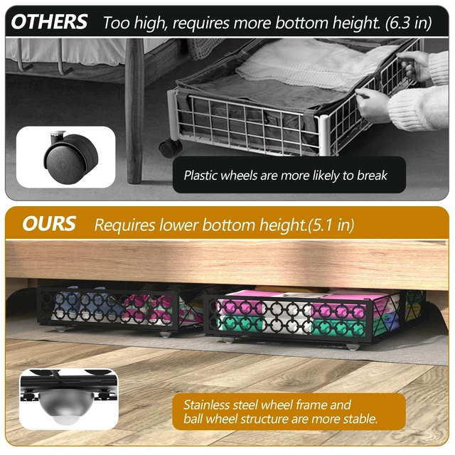 Alt view image 4 of 7 - Under Bed Storage with Wheels, Low Profile Rolling Organizer Bins | Ultra-low 5.4" Height, 360° Swivel Casters, Strong Metal Containers Hold Shoes, Clothing, Toys, Dorm & Home Use, 2 Pack