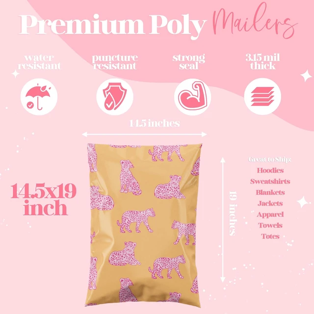 Alt view image 4 of 6 - Poly Mailers 14.5x19, Pink Leopard, 100 Pack | Heavy Duty, Waterproof, Self Seal, Tear Resistant, Shipping Bags for Small Business Packaging, Bulk Mailing Envelopes
