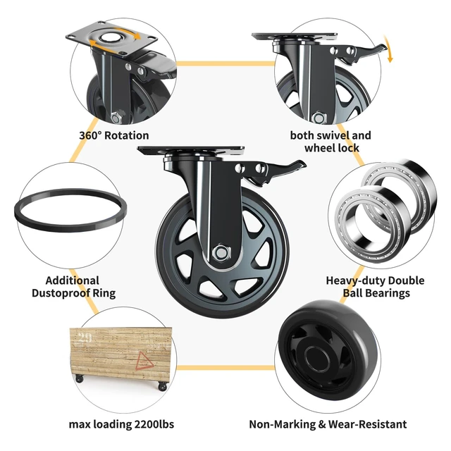 Alt view image 3 of 7 - 6 Inch Caster Wheels Heavy Duty Casters Set of 4 with Brake | Polyurethane, Dual Lock Industrial Swivel Plate Mount for Furniture/ Workbench/Cart, Hardware Kits for Installation