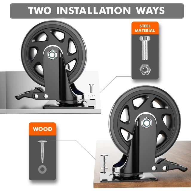 Alt view image 5 of 7 - 6 Inch Caster Wheels Heavy Duty Casters Set of 4 with Brake | Polyurethane, Dual Lock Industrial Swivel Plate Mount for Furniture/ Workbench/Cart, Hardware Kits for Installation