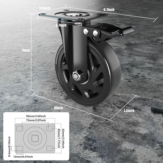 Alt view image 2 of 7 - 6 Inch Caster Wheels Heavy Duty Casters Set of 4 with Brake | Polyurethane, Dual Lock Industrial Swivel Plate Mount for Furniture/ Workbench/Cart, Hardware Kits for Installation