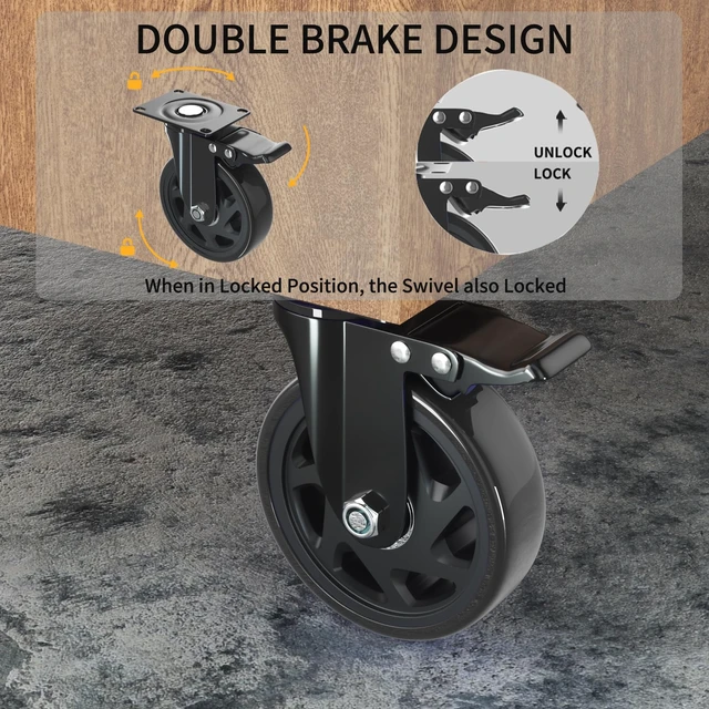 Alt view image 4 of 7 - 6 Inch Caster Wheels Heavy Duty Casters Set of 4 with Brake | Polyurethane, Dual Lock Industrial Swivel Plate Mount for Furniture/ Workbench/Cart, Hardware Kits for Installation