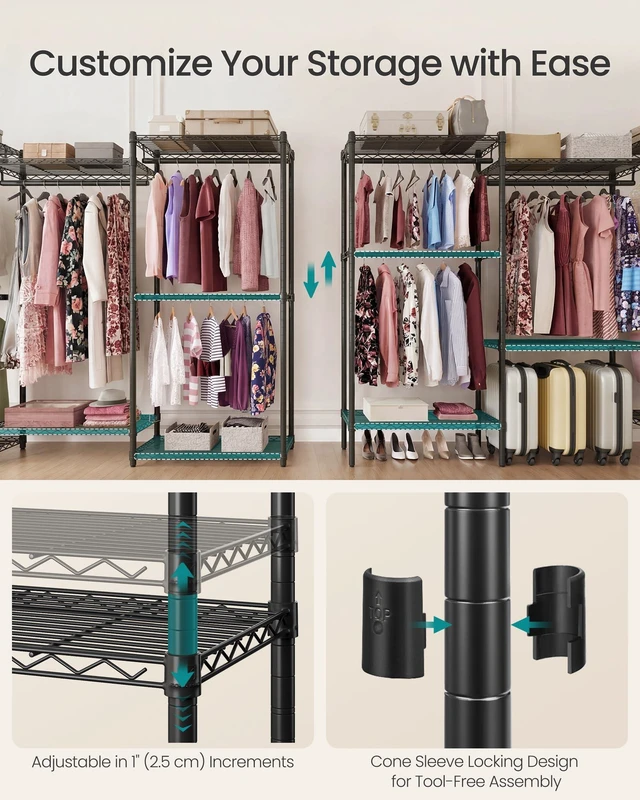 Alt view image 3 of 7 - Closet Organizers and Storage, Clothes Rack with Shelves | Freestanding Wardrobe Closet for Bedroom, 68.7 x 15.8 x 76 inch, Matte Black and Ink Black, DALTEN Collection ULGR433B01