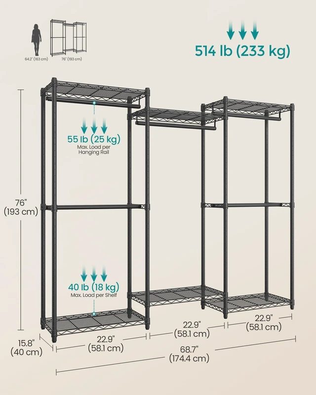 Alt view image 5 of 7 - Closet Organizers and Storage, Clothes Rack with Shelves | Freestanding Wardrobe Closet for Bedroom, 68.7 x 15.8 x 76 inch, Matte Black and Ink Black, DALTEN Collection ULGR433B01