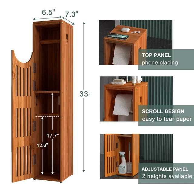 Alt view image 2 of 6 - Bamboo Toilet Paper Holder with Storage, Bathroom Toilet Paper Storage Cabinet, Small Bathroom Storage Cabinet for Small Spaces, Slim Bathroom Storage Cabinet, 33x7.3x6.5 Inches, Brown