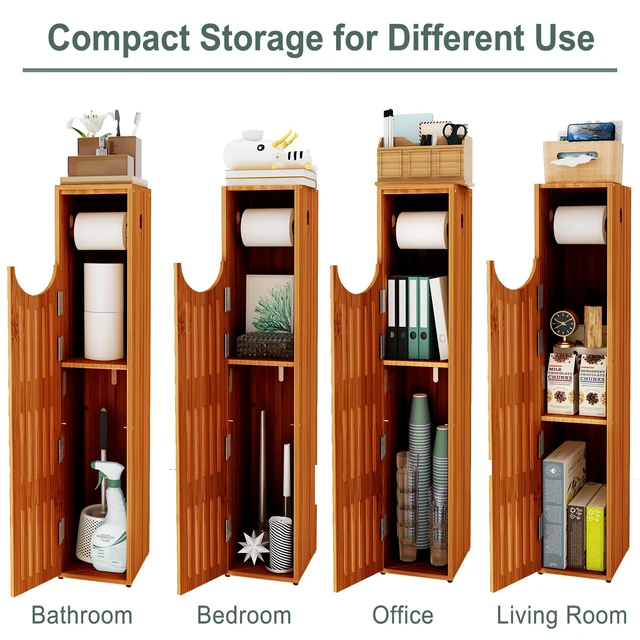 Alt view image 3 of 6 - Bamboo Toilet Paper Holder with Storage, Bathroom Toilet Paper Storage Cabinet, Small Bathroom Storage Cabinet for Small Spaces, Slim Bathroom Storage Cabinet, 33x7.3x6.5 Inches, Brown
