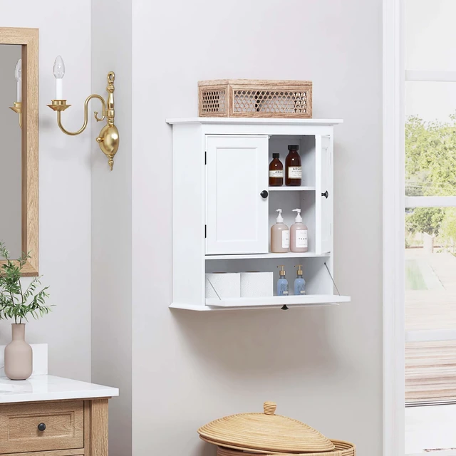 Alt view image 3 of 7 - Bathroom Wall Cabinet, White Medicine Cabinet with Doors | Adjustable Shelf, Lower Tilt-Out Cube, Engineered Wood, Space-Saving Concealed Storage for Toiletries, Towels, or Medicine