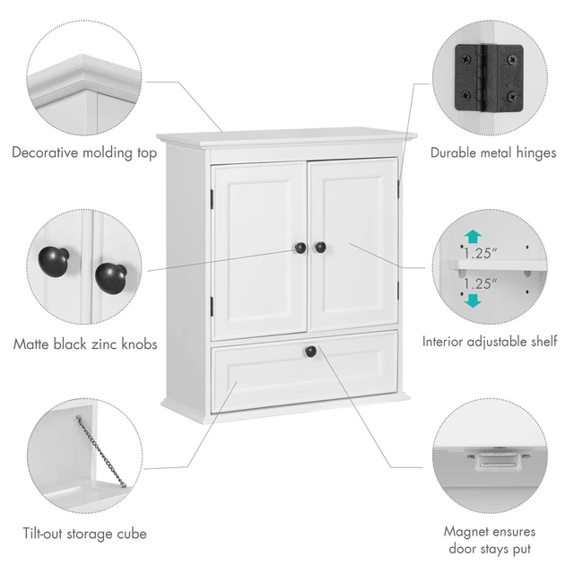 Alt view image 4 of 7 - Bathroom Wall Cabinet, White Medicine Cabinet with Doors | Adjustable Shelf, Lower Tilt-Out Cube, Engineered Wood, Space-Saving Concealed Storage for Toiletries, Towels, or Medicine