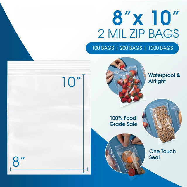 Alt view image 2 of 7 - 8 X 10 (1000 Count) Quart Clear Reclosable Zip Plastic Poly Bags | with Resealable Lock Seal Zipper - 2 Mil -