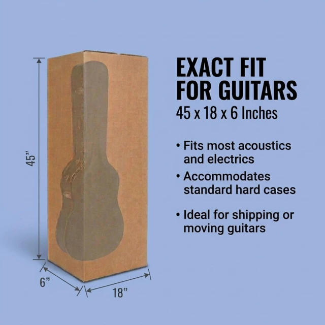 Alt view image 2 of 7 - Heavy-Duty Guitar Shipping Boxes (Pack of 5) 18" x 6" x 45" Corrugated Cardboard Box for Acoustic & Electric Guitars Professional Grade Reinforced Protection for Moving and Storage