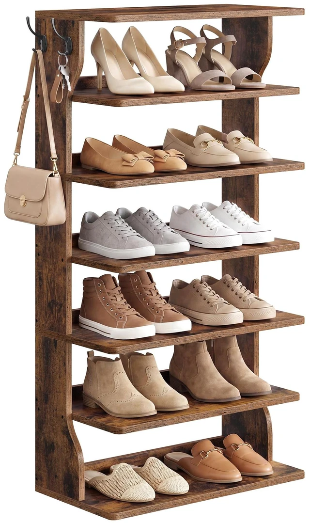 Main image of 7-Tier Vertical Shoe Rack, Narrow Shoe Storage Organizer with Hooks | Slim Corner Tower Shelf, Space Saving for Entryway and Bedroom, Rustic Brown, ISLAND Collection ULBS220KD01
