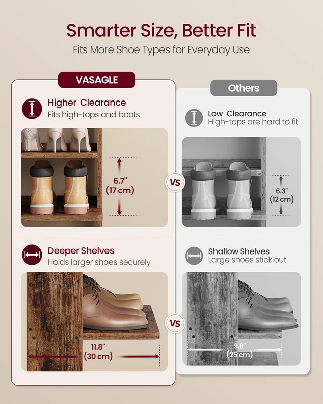 Alt view image 3 of 5 - 7-Tier Vertical Shoe Rack, Narrow Shoe Storage Organizer with Hooks | Slim Corner Tower Shelf, Space Saving for Entryway and Bedroom, Rustic Brown, ISLAND Collection ULBS220KD01