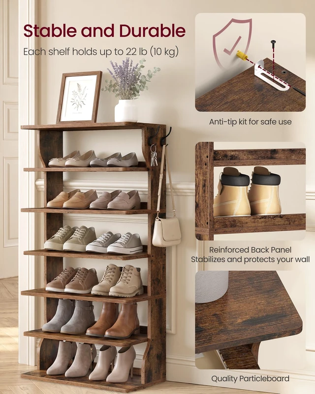 Alt view image 4 of 5 - 7-Tier Vertical Shoe Rack, Narrow Shoe Storage Organizer with Hooks | Slim Corner Tower Shelf, Space Saving for Entryway and Bedroom, Rustic Brown, ISLAND Collection ULBS220KD01