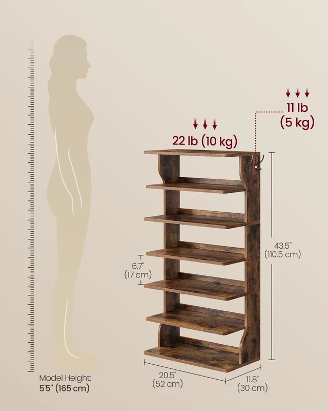 Alt view image 2 of 5 - 7-Tier Vertical Shoe Rack, Narrow Shoe Storage Organizer with Hooks | Slim Corner Tower Shelf, Space Saving for Entryway and Bedroom, Rustic Brown, ISLAND Collection ULBS220KD01