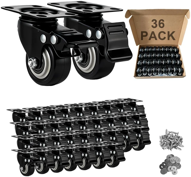 Main image of 2 Inch Industrial Grade Caster Wheels Set of 36, Heavy Duty Locking Plate Casters with Polyurethane Tread, High Capacity Casters for Full Facility Outfitting & Warehouse Use, 800lbs Load