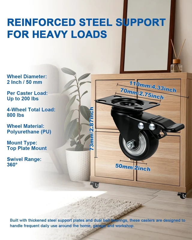 Alt view image 2 of 7 - 2 Inch Industrial Grade Caster Wheels Set of 36, Heavy Duty Locking Plate Casters with Polyurethane Tread, High Capacity Casters for Full Facility Outfitting & Warehouse Use, 800lbs Load