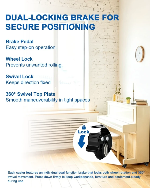 Alt view image 3 of 7 - 2 Inch Industrial Grade Caster Wheels Set of 36, Heavy Duty Locking Plate Casters with Polyurethane Tread, High Capacity Casters for Full Facility Outfitting & Warehouse Use, 800lbs Load