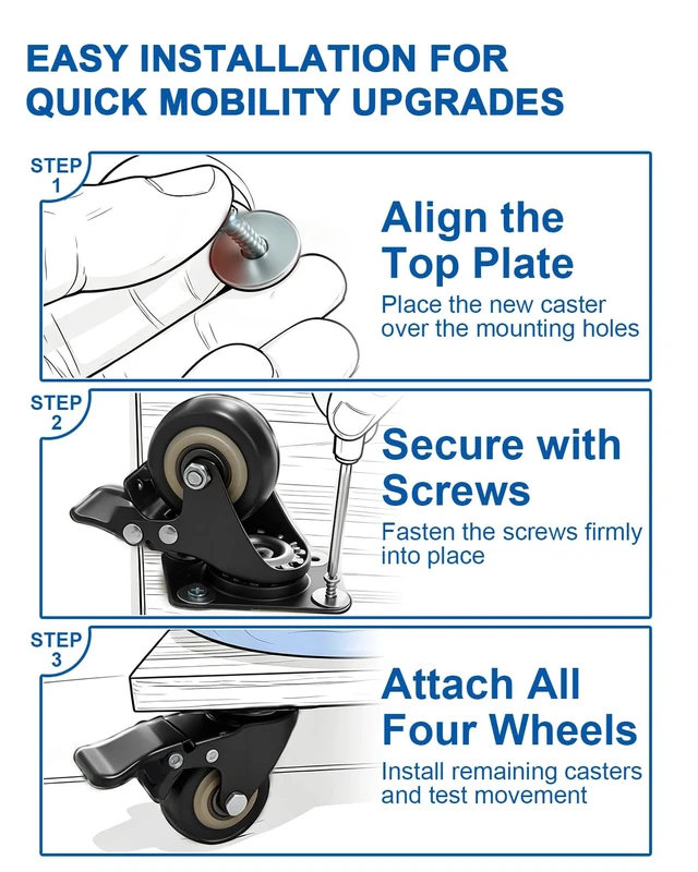 Alt view image 7 of 7 - 2 Inch Industrial Grade Caster Wheels Set of 36, Heavy Duty Locking Plate Casters with Polyurethane Tread, High Capacity Casters for Full Facility Outfitting & Warehouse Use, 800lbs Load