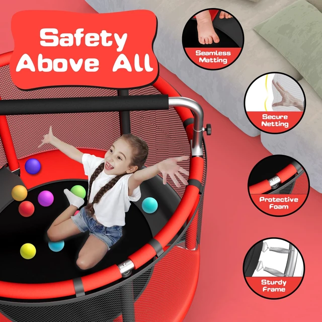 Alt view image 2 of 7 - 55" Trampoline for Kids with Enclosure, 440lbs Capacity Indoor & Outdoor Toddler Trampoline with Adjustable Gymnastics Bar & Toys, Gifts for Boys & Girls