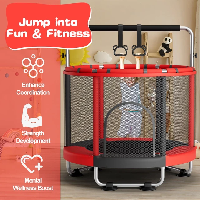Alt view image 3 of 7 - 55" Trampoline for Kids with Enclosure, 440lbs Capacity Indoor & Outdoor Toddler Trampoline with Adjustable Gymnastics Bar & Toys, Gifts for Boys & Girls