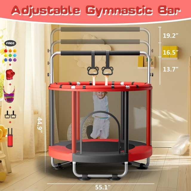 Alt view image 4 of 7 - 55" Trampoline for Kids with Enclosure, 440lbs Capacity Indoor & Outdoor Toddler Trampoline with Adjustable Gymnastics Bar & Toys, Gifts for Boys & Girls