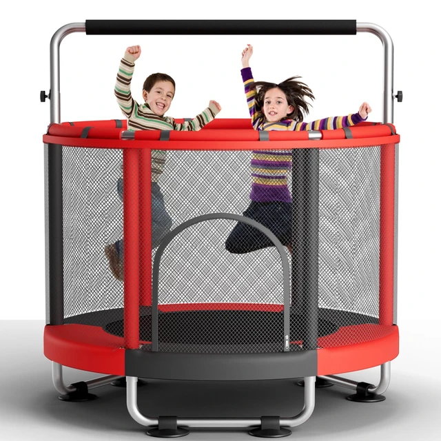 Alt view image 7 of 7 - 55" Trampoline for Kids with Enclosure, 440lbs Capacity Indoor & Outdoor Toddler Trampoline with Adjustable Gymnastics Bar & Toys, Gifts for Boys & Girls