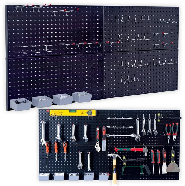 Main image of Garage Pegboard Storage Organizer - 48pcs Pegboard Hooks Set | 48x24 Inch Pegboard Tool Organizer with 40Pcs Peg Board Hooks & 4 Storage Bins (Black)