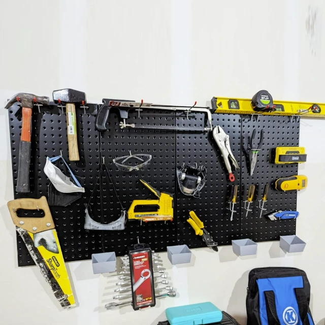 Alt view image 5 of 7 - Garage Pegboard Storage Organizer - 48pcs Pegboard Hooks Set | 48x24 Inch Pegboard Tool Organizer with 40Pcs Peg Board Hooks & 4 Storage Bins (Black)